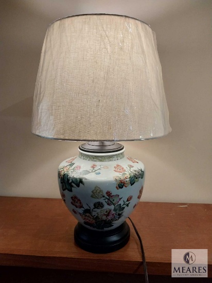 Floral Ceramic Wine Jar Table Lamp with Beige Linen Drum Shade 23"