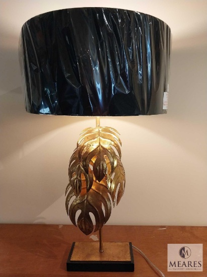 Currey & Co Irving Gold Monstera Leaf Table Lamp with Black Drum Shade 29"