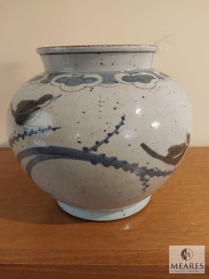 White and Blue Bird Motif Glazed Pottery Planter Bowl 9"