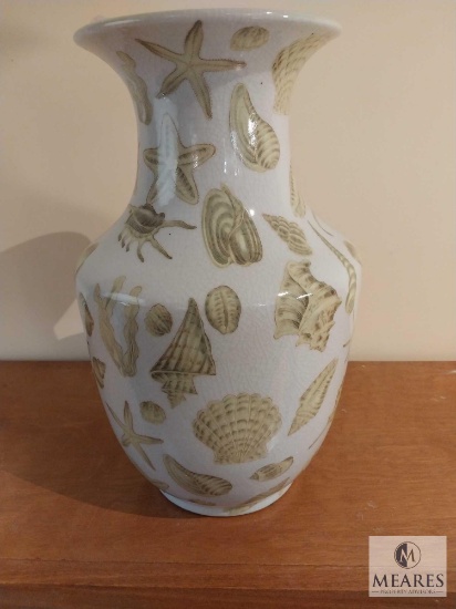 White and Beige Seashell Motif Ceramic Vase 14"