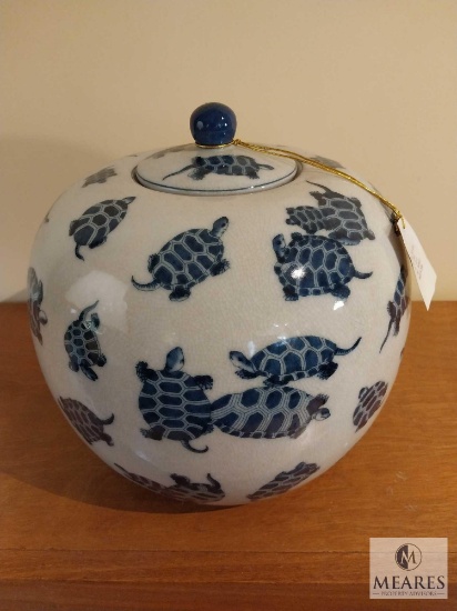 Porcelain White and Blue Turtles Lidded Melon Jar 10.5"