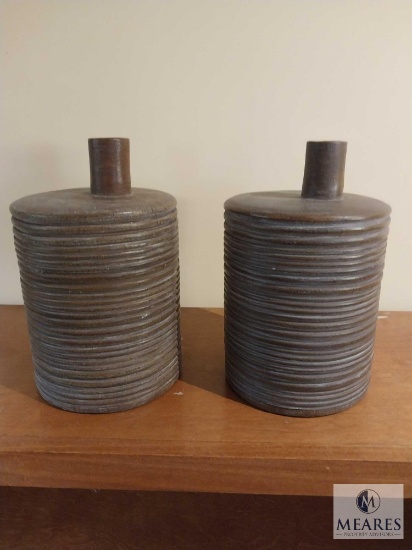 Pair of Taupe Horizontal Ribbed Pottery Vases 10.5" Tall