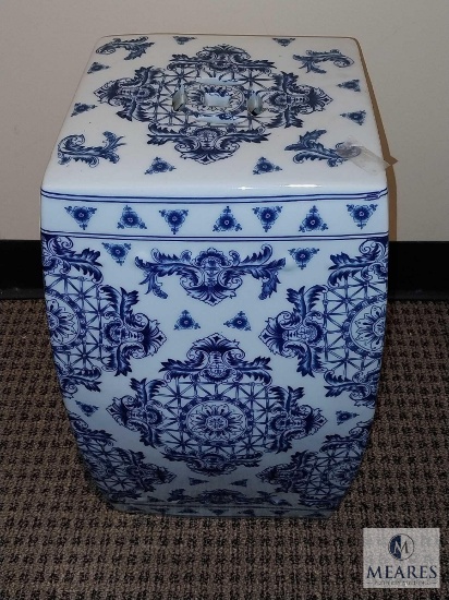 Asian Inspired White & Blue Ceramic Garden Stool 9.5" x 17" Tall
