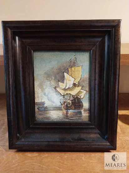 Vintage Framed Ship in the Bay Painting on Canvas 14" x 16"