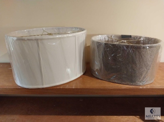 Lot of Two Oval Drum Lampshades in White and Mocha Tone