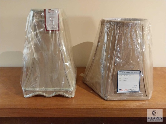 Lot of Two Honey Beige Tone Lampshades Scalloped Deep Square and Hexagon Drum