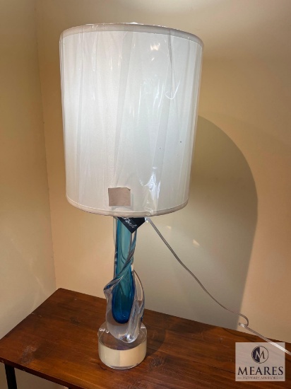 John Richard Blue and Clear Glass Base Table Lamp with Deep White Drum Shade 33"