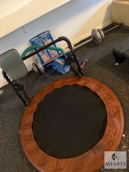 Lot of Exercise Equipment, Mini Trampoline, Hand Dumb Bells, Rowing Exerciser,