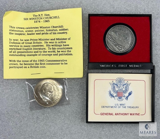 1965 Commemorative Churchill British Coin and US Mint General Anthony Wayne Pewter Commemorative