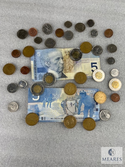Mixed Lot of Foreign Coins and $10 Canadian Currency