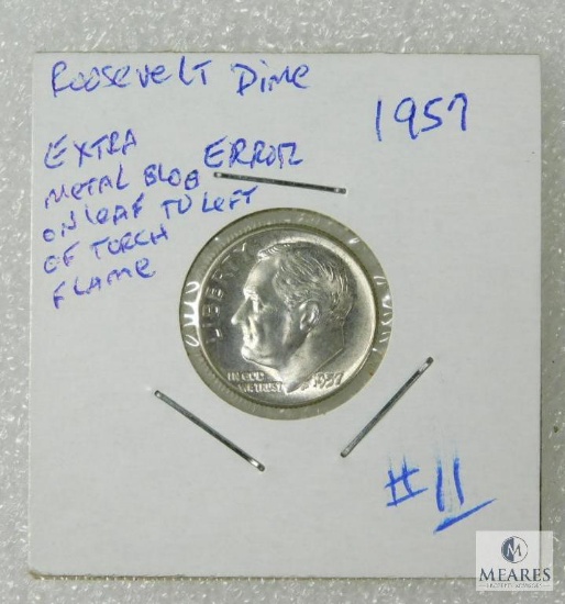 1957 Roosevelt Dime BU, Extra Metal Rev. Leaf Left of Torch Flame