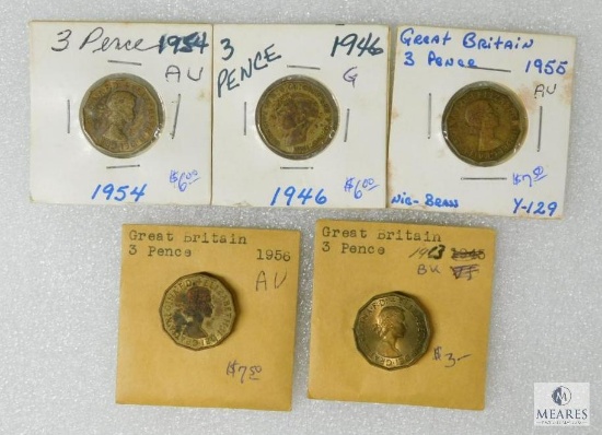 British 3 Pence 1945, 1954, 1955, 1956, 1963