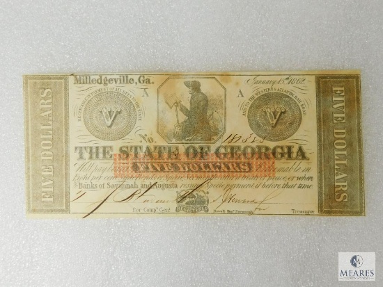 1862 $5.00 Note Milledgeville, Ga. Serial # 181323, Crisp UNC. Consecutive With Next Note
