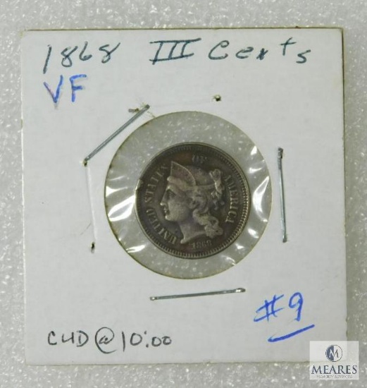 1868 3 Cent Piece, VF, Small CUD At 10:00, Errors Scarce On This Type