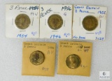 British 3 Pence 1945, 1954, 1955, 1956, 1963