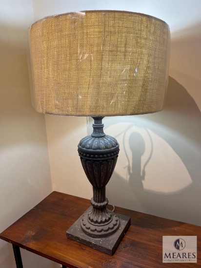 Distressed Charcoal Urn Table Lamp, Burlap Drum, 28.5" T