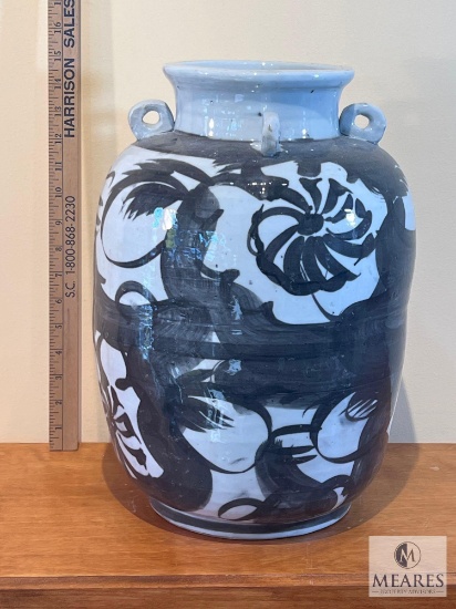 Black Four Loop Handle Jar Twisted Flower Motif, 15" T