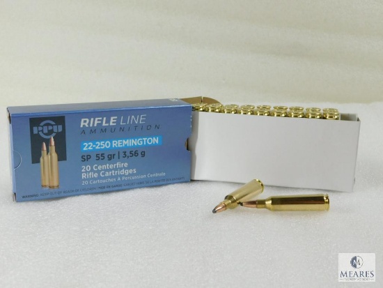 20 Rounds PPU 22-250 Ammo. 55 Grain SP