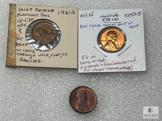 Lincoln Errors 1955-S BU (See Holder), 1961-D UNC (See Holder), 1975 UNC, Broad Struck