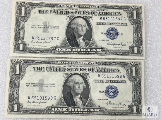 Two Consecutive 1935 E $1.00 Silver Certificates Crisp UNC 65+