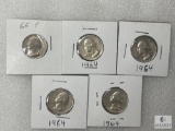 Four 1964 Washington Quarters (silver) and One 1965 Washington