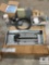 Electrical Lot - Breaker Box, Metal Electric Boxes, Light Fixture, PVC Tape, Network Tool Kit