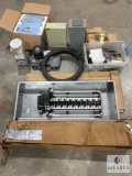 Electrical Lot - Breaker Box, Metal Electric Boxes, Light Fixture, PVC Tape, Network Tool Kit