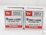 100 Rounds Winchester 9mm Ammo. 115 Grain FMJ