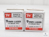 100 Rounds Winchester 9mm Ammo. 115 Grain FMJ