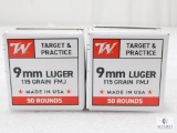 100 Rounds Winchester 9mm Ammo. 115 Grain FMJ