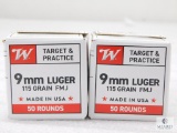 100 Rounds Winchester 9mm Ammo. 115 Grain FMJ