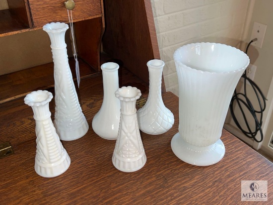 Six White Glass Vases