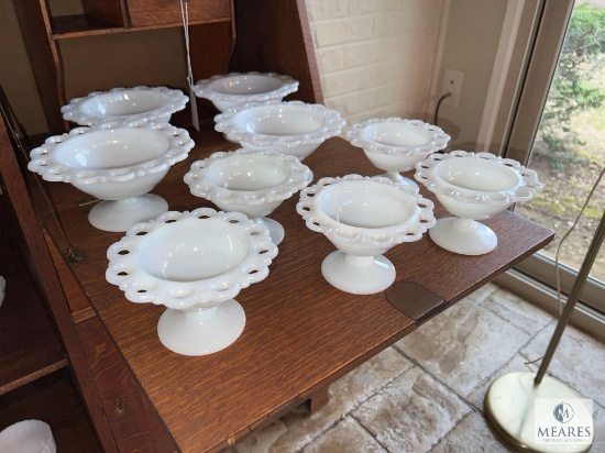 Nine 5" and 6" Open Lace Edge Sherbet Bowls - Possibly Milk Glass