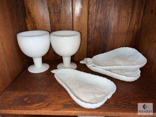 Three White Glass Appetizer Plates with Two Small Goblets