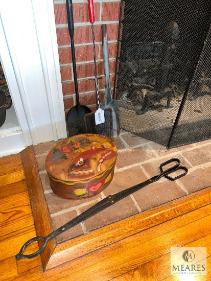 Coal Scoops, Fireplace Tongs, and Painted Cheese Box