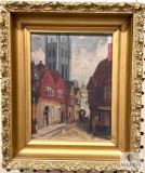 Framed City Scene Oil on Canvas - No Visible Signature, Possible Mark/Initial Bottom Left
