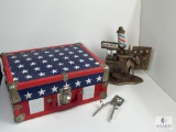 Mid-Century American Small Red, White, and Blue Flag Motif Suitcase with Vintage Barber Decor