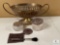 Handled Basket with Glass Containers and Silver Lids and Brush