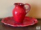 Decorative Red Glazed Pitcher and Tray