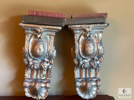 Pair of Large Ornate Wall Shelf Sconces with Books - 18 x 8