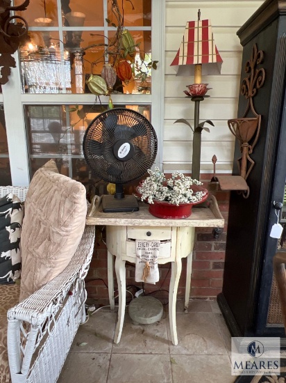 Wooden Side Table with Lamp, Fan, Floral Picks