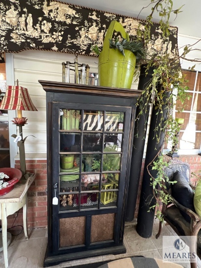 Bookcase and Contents with Green Dishes, Cornice Board and Floral Bucket