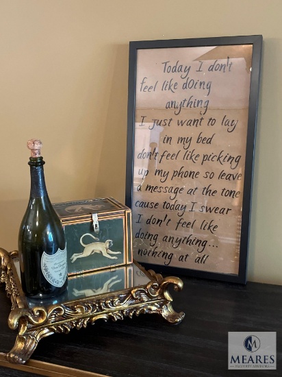 Monkey Wooden Box with Dressing Mirror Tray, Empty Dom Perignon Bottle, and Framed Quote