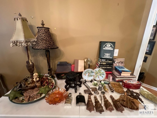 Contents of Table - Lamps, Books, Flasks, Decorative Items