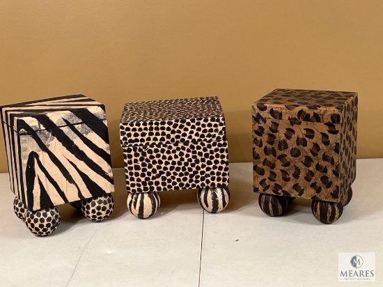 Three Carver Wood Products Animal Print Boxes with Hinged Lids