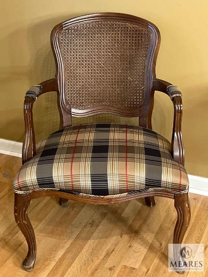 Cane Back Arm Chair with Plaid Upholstered Seat, 25"x33"