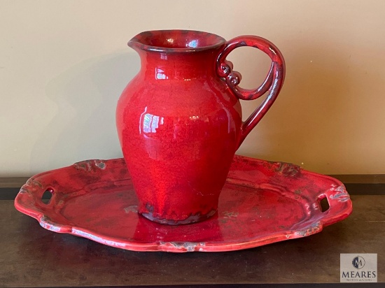 Decorative Red Glazed Pitcher and Tray