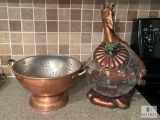Copper Colored Giraffe Cookie Jar and Copper Colander
