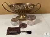 Handled Basket with Glass Containers and Silver Lids and Brush