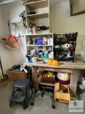 Contents of Shelf and Table in Garage - Stool, Tools, Craft Supplies